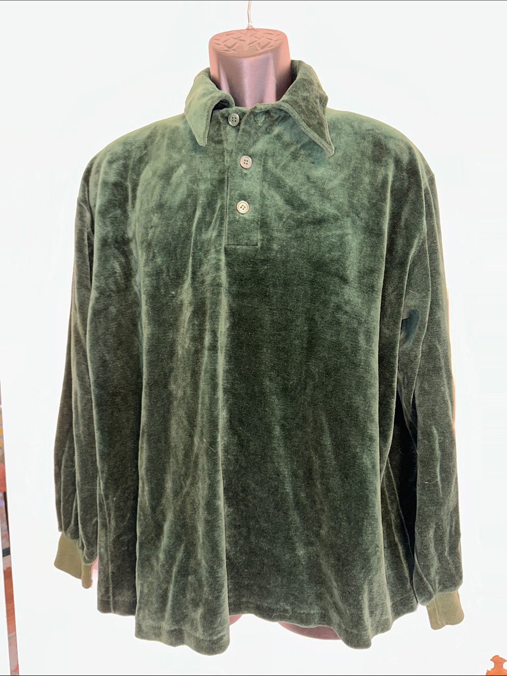 Vintage 60s/70s L.L. Bean Deep Green Velvet Long-Sleeve Cotton Polo